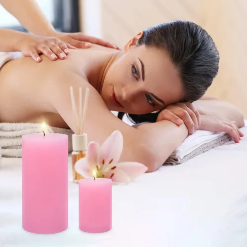 Vista 5 de Paquete de 12 velas de pilar rosas de 2 x 3 pulgadas para el día romántico de San Valentín, velas de columna sin perfume para el hogar