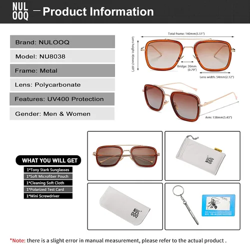 Vista 6 de NULOOQ Tony Stark - Lentes de sol polarizados para hombres y mujeres, estilo aviador, estilo vintage, marco de metal, montura metálica de Iron Man