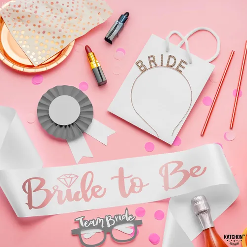 Vista 5 de KatchOn, Corona de novia de oro rosa y banda para la novia – Paquete de 2 Banda y diadema para novia Corona de novia para despedida de soltera