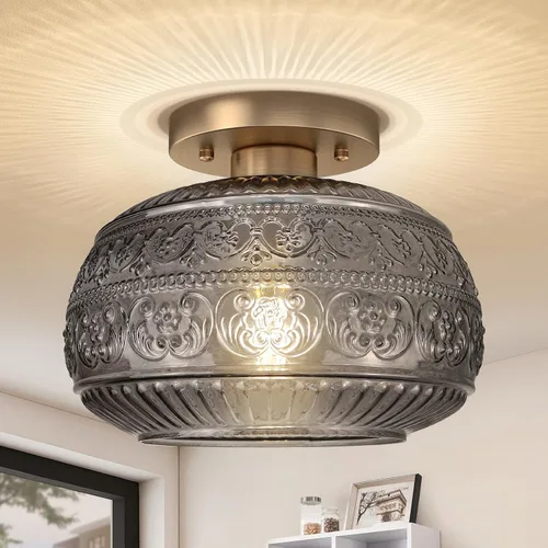 Vista 10 de Lámpara de Techo Semiempotrada, Luminaria Moderna Mejorada Cerca del Techo con Vidrio Transparente, Dorada, Iluminación Interior para Cocina