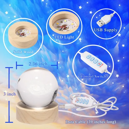 Vista 6 de Lámpara de bola de cristal 3D de Pegaso con base de madera LED de brillo ajustable, luz nocturna para niños, adolescentes, adultos, regalo