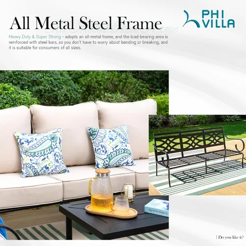 Vista 5 de PHI VILLA Juego de 2 sillas mecedoras para patio al aire libre, sillones metálicos para patio, sofás resistentes para exteriores con cojines de 5.5