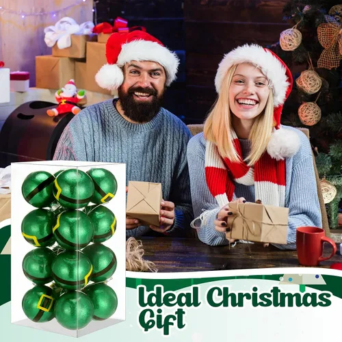 Vista 6 de Soulchen 16 adornos de bola de Navidad de elfo de 2.36 pulgadas, bola colgante con purpurina inastillable, adorno de árbol de elfo verde, decoración