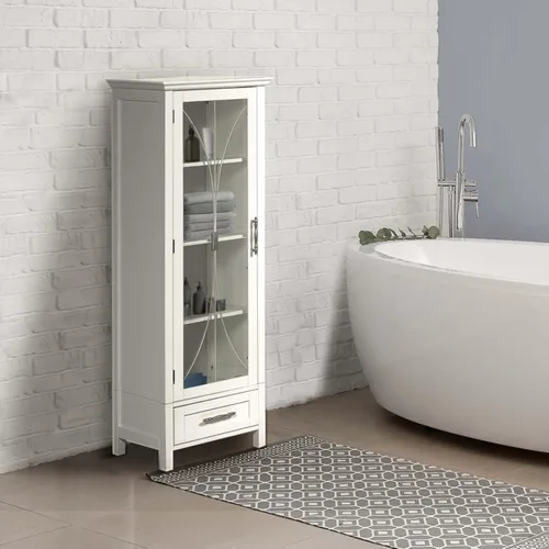 Vista 6 de Teamson Home Delaney Linen Tower - Torre alta y estrecha para baño, ahorra espacio de almacenamiento con 1 puerta de panel de vidrio, 3 estantes