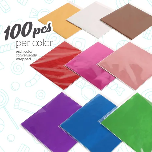 Vista 5 de LotFancy Envolturas de caramelos de aluminio para chocolates, 4 x 4 pulgadas, 900 piezas de papel de aluminio para envolver dulces, hojas cuadradas