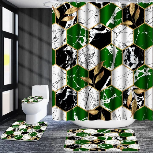 Vista 12 de Poedist Juego de 4 cortinas de ducha de baño, juegos de baño con alfombras (tapete de baño, forma de U y tapa de inodoro) y 12 ganchos, mármol