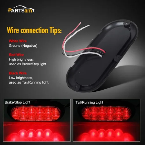 Vista 5 de Partsam 2 piezas de luces LED de 6" ovaladas cromadas para camión con remolque, rojas, 10 LED, montaje en superficie, luces traseras de parada, giro