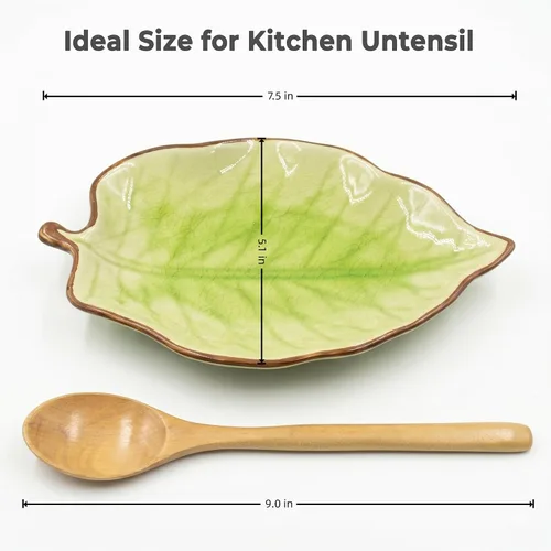 Vista 3 de Soporte de cuchara de cerámica para hojas con juego de cuchara de madera, 7.5" x 5.1" Cute Green Spoon Holder for Stove Top & Kitchen Counter