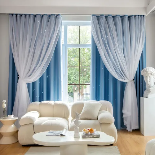 Vista 24 de Loyala Cortinas opacas de doble capa con diseño de estrellas para dormitorio de niños, bonitas, 63 pulgadas de largo, juego de 2 paneles, beige, 42