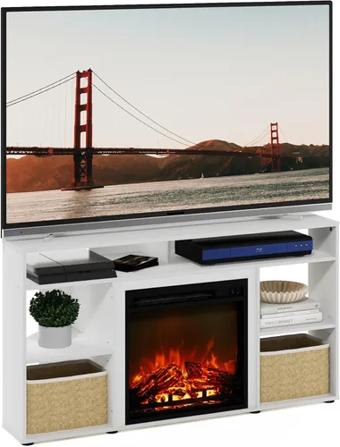 Vista 17 de Furinno Soporte clásico de TV de 70 pulgadas con chimenea, americano