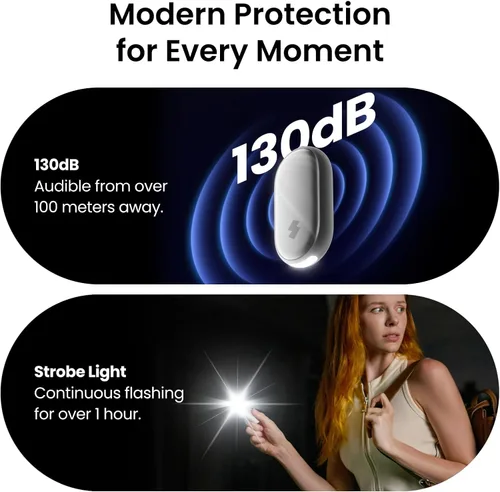 Vista 4 de Alarma de seguridad personal de 130 dB para mujeres con aplicación Apple Find My, sirena extra fuerte y luz estroboscópica, llavero de autodefensa