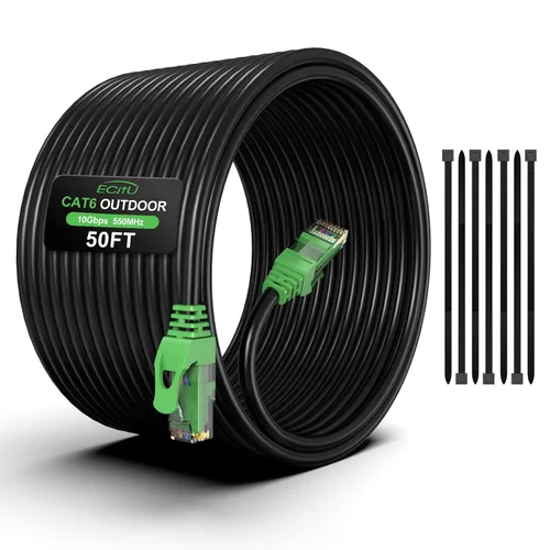 Vista 9 de Cable Ethernet Cat6 para exteriores de 20 pies, enterrado, entierro directo resistente, cable de conexión CCA de 24 AWG para laptops, PC, routers