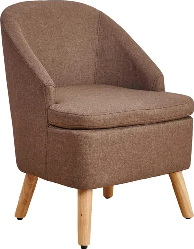Vista 14 de Bonita silla tapizada color beige con estilo de barril, sofá individual redondo de tela similar al lino de algodón para patas de madera, sala