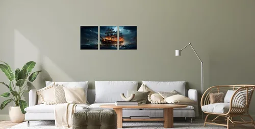 Vista 4 de TutuBeer 3 Piezas Arte de Pared Batalla Naval Barco Imagen Barco Pirata Velero Póster Barco Pirata Azul en Llamas Imagen Impresa en Lienzo Póster