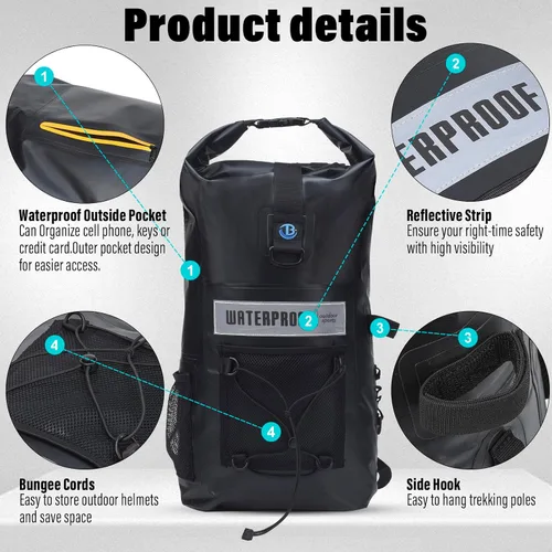 Vista 2 de Blueshyhall Mochila seca impermeable de 32 L, bolsa de almacenamiento enrollable para viajes, kayak, rafting, barco, pesca, campamento, color negro