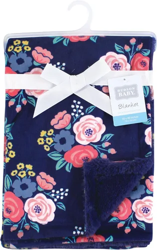 Vista 2 de Hudson Baby Infant Girl Plush Blanket with Furry Binding and Back, Navy Bold Floral, One Size (Pack of 2)