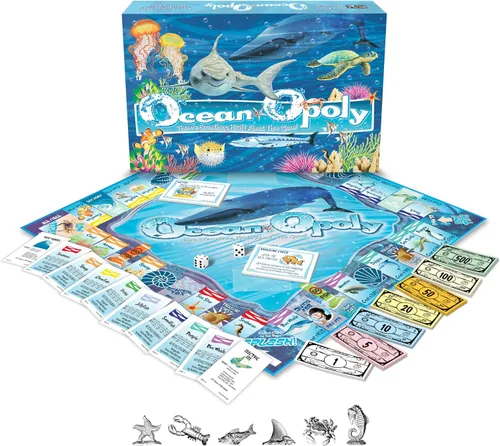 Vista 2 de Late for the Sky Ocean-Opoly Juego de mesa - Estrategia familiar y aventura educativa de vida marina, diversión comercial de propiedades para niños