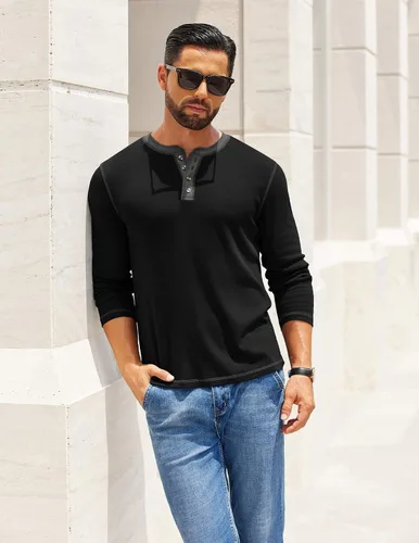 Vista 3 de COOFANDY - Camisetas Henley para hombre, manga larga, con botones, estilo casual, de pullover, suaves, elásticas, tops de camiseta