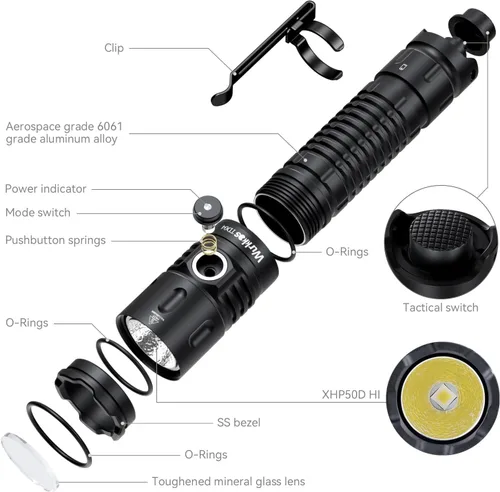 Vista 7 de Linterna táctica Wurkkos TD04, linternas de mano recargables, linterna LED súper brillante de 3000 lúmenes con puerto de carga tipo C, interruptor