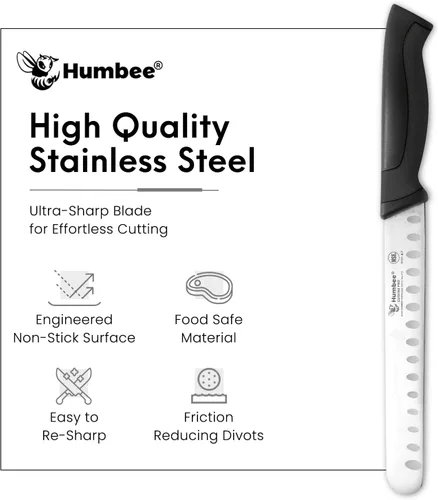 Vista 5 de Cuchillo de chef de 8 pulgadas con borde Granton para rebanar jamón y carne de pavo Certificado NSF Hoja de acero inoxidable alemán Mango