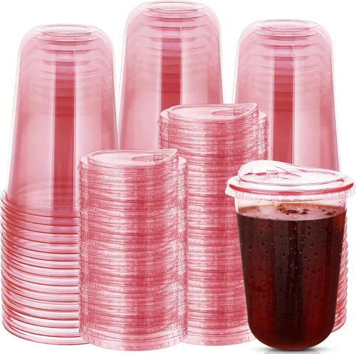 Vista 11 de 100 juegos de vasos desechables sin tallo con tapas sin pajita, vasos de plástico PET, vasos de café transparentes para café helado, batidos Azul