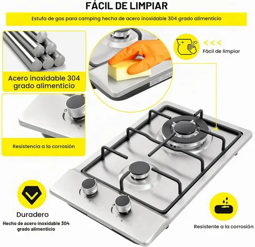 Vista 4 de Cocina de gas de 12 pulgadas, estufa de gas integrada de 2 quemadores de acero inoxidable con kit de conversión de NG/LPG, protección de termopar
