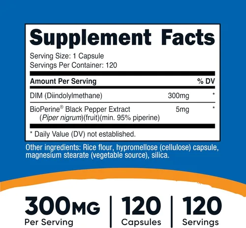 Vista 6 de Suplemento Nutricost Dim (diindolylmethane) 0.10 onzas, 120 cápsulas con Bioperine, 1 botella, 1