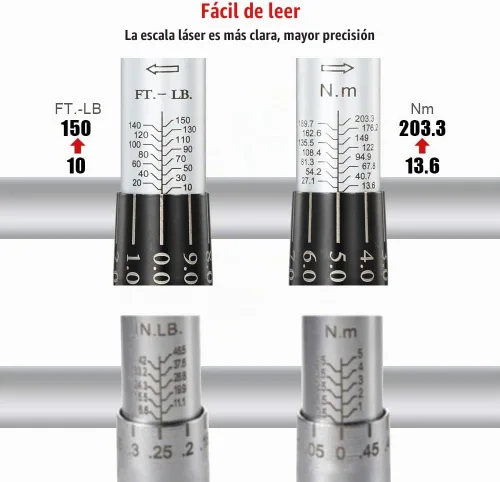 Vista 2 de Llave dinamométrica de clic de 1/2 pulgada (10-150 pies-libras/13.6-203.3 Nm) Juego de llave de torque ajustable de doble dirección