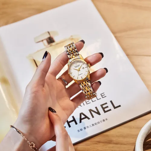 Vista 5 de Reloj clásico para mujer, reloj de pulsera de cuarzo de acero inoxidable dorado y plateado para mujer con visualización de fecha, relojes elegantes
