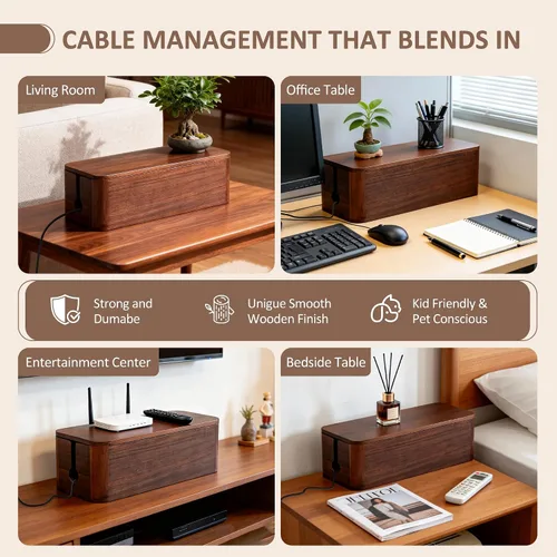 Vista 5 de Caja grande de gestión de cables de madera de acacia, organizador y organizador para cables de TV, regleta de alimentación, ocultación eléctrica