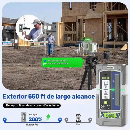 Vista 2 de Huepar Pro Kit de nivel láser para exteriores con receptor, largo alcance
