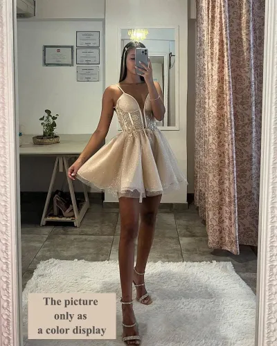 Vista 4 de Vestidos de tul con purpurina para adolescentes, tirantes delgados, cuello en V, vestidos de baile 2023 con apliques de encaje corto, vestido