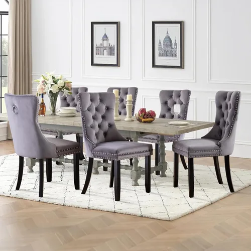 Vista 26 de Juego de 2 sillas de comedor tapizadas de tela de lino, sillas de cocina modernas de mediados de siglo con respaldo alto, ribete de cabeza de clavo
