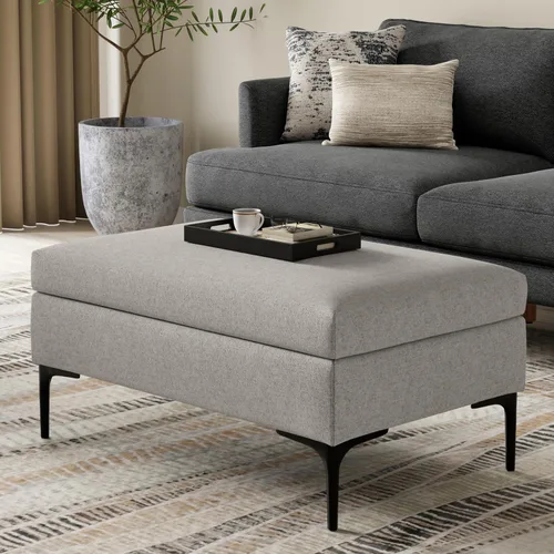 Vista 2 de SIMPLIHOME Rebecca - Mesa de centro rectangular de almacenamiento, otomana rectangular de 36 pulgadas de ancho con aspecto de lino tapizada