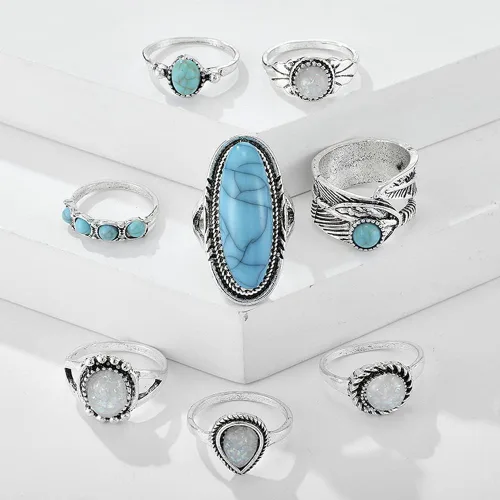 Vista 3 de Juego de 8 anillos de plata bohemia, tallados en nudillos, ovalados, verde, turquesa, ópalo, midi, plata, anillos punk, joyería para mujeres