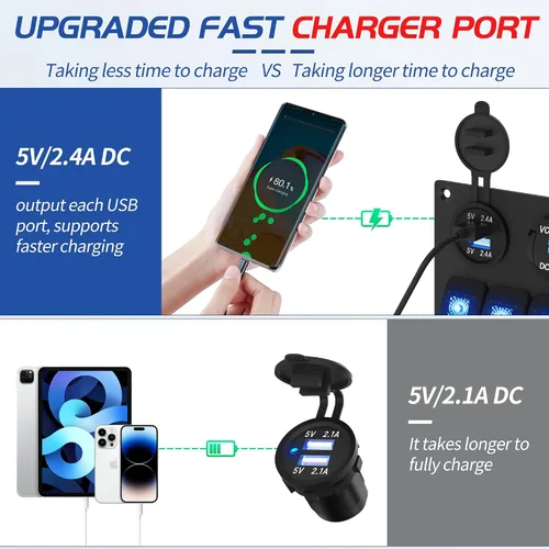 Vista 4 de RVMARINEPAT - Panel de interruptores marinos impermeable de 12 voltios, 5 mandos, interruptor basculante azul con luz, con doble toma USB de 4,8 A