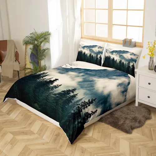 Vista 3 de Erosebridal National Park - Juego de ropa de cama con diseño de montaña ahumada, funda de edredón de árboles brumosos para niños, niñas y adultos