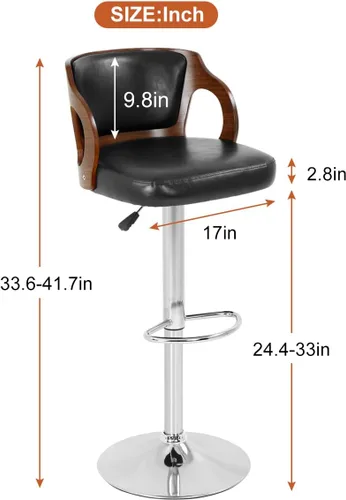 Vista 3 de Juego de 2 taburetes de bar modernos con altura de haya, taburete ajustable con respaldo, taburete giratorio de piel sintética con base resistente