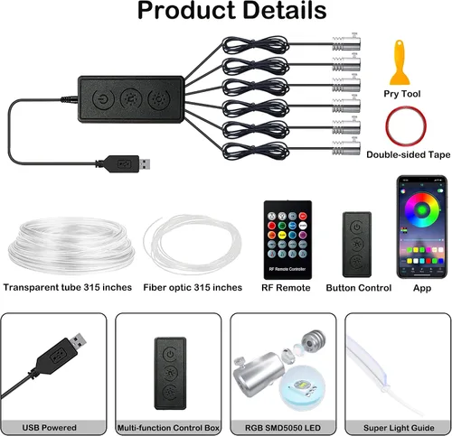 Vista 5 de Tira de luces LED para interiores de automóvil, RGB 6 en 1, kits de iluminación ambiental con fibra óptica de 315 pulgadas, 16 millones