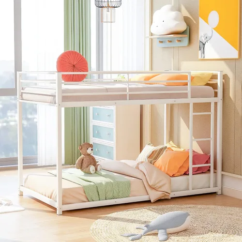 Vista 10 de Litera de metal individual sobre individual, litera baja resistente con barandillas de seguridad y escalera para niños, adolescentes y adultos,