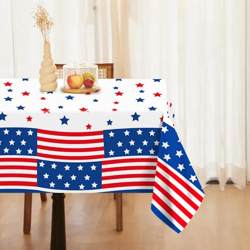 Vista 6 de 1 paquete de mantel de plástico con diseño de bandera americana del 4 de julio para fiesta, 54 x 87 pulgadas de largo, mantel rectangular para bufé