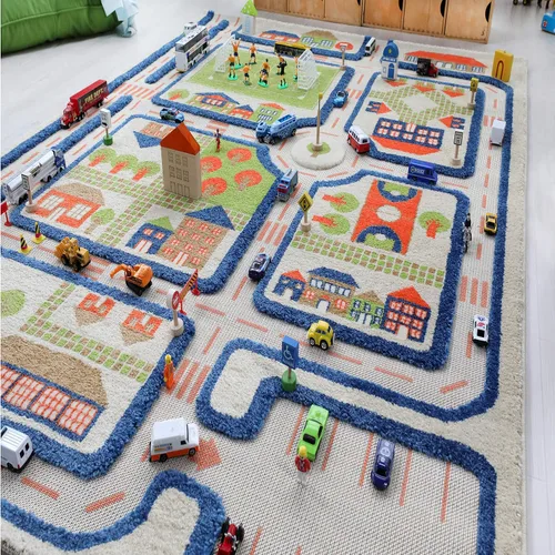 Vista 7 de IVI Alfombra de juego gruesa 3D para niños con diseño de ciudad colorida con campo de fútbol, estacionamiento y carreteras, azul, 32 x 45 pulgadas