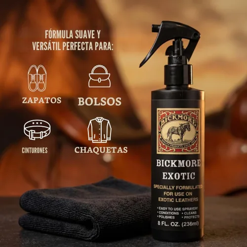 Vista 2 de Bickmore Exotic – Aerosol especialmente formulado, utilizado para limpiar, pulir y proteger pieles exóticas y piel de reptil.