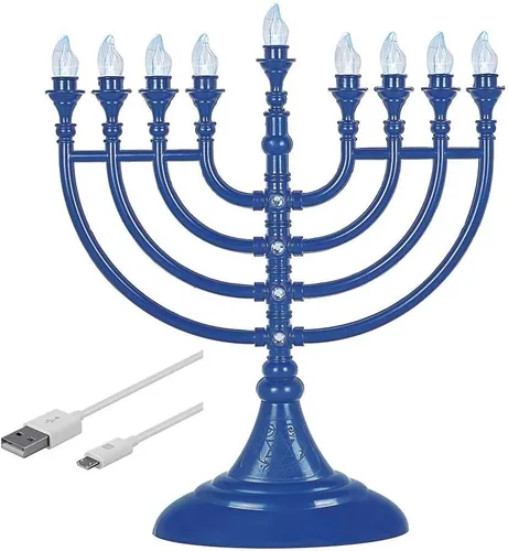 Vista 8 de Menorá eléctrica tradicional de Hanukkah con LED alimentada por batería o USB Chanukiah - incluye cable Micro USB de 4 pies, velas electrónicas