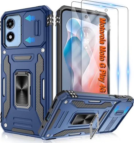 Vista 85 de Atump Funda para Motorola Moto G Play 2024 (4G) con [paquete de 2] protector de pantalla HD y cubierta para cámara deslizante, soporte de anillo