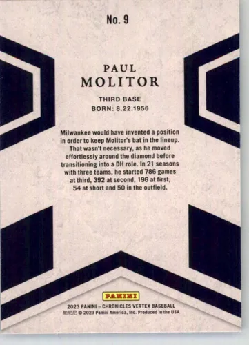 Vista 2 de 2023 Panini Chronicles Vertex # 9 Paul Molitor Milwaukee Brewers Official Baseball Card in Raw (NM or Better) Condition