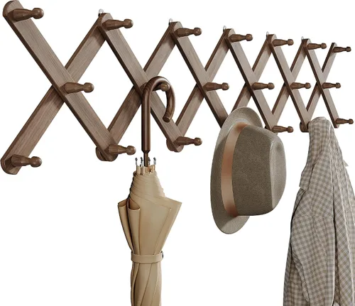Vista 12 de OROPY Percha de pared de acordeón con 14 clavijas, perchero de madera nogal (Walnut Color)
