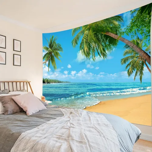 Vista 2 de HVEST Tapiz de playa para colgar en la pared, paisaje tropical azul océano, tapiz natural para dormitorio, palmera verde con cielo azul, nube