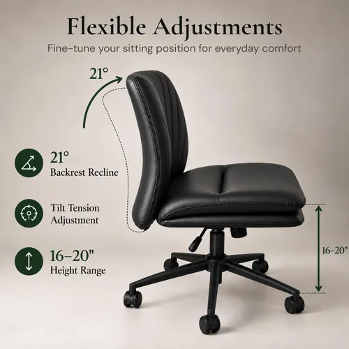 Vista 5 de NYPOT Silla de escritorio sin brazos con ruedas para sentarse entrecruzada, silla sin brazos anchos con patas cruzadas, taburete giratorio ajustable