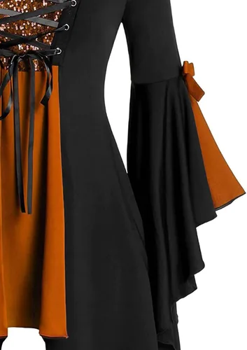 Vista 4 de Vestido camisero para mujer, Halloween, gótico, cruzado, dobladillo irregular, lentejuelas, manga mariposa, blusa, blusa